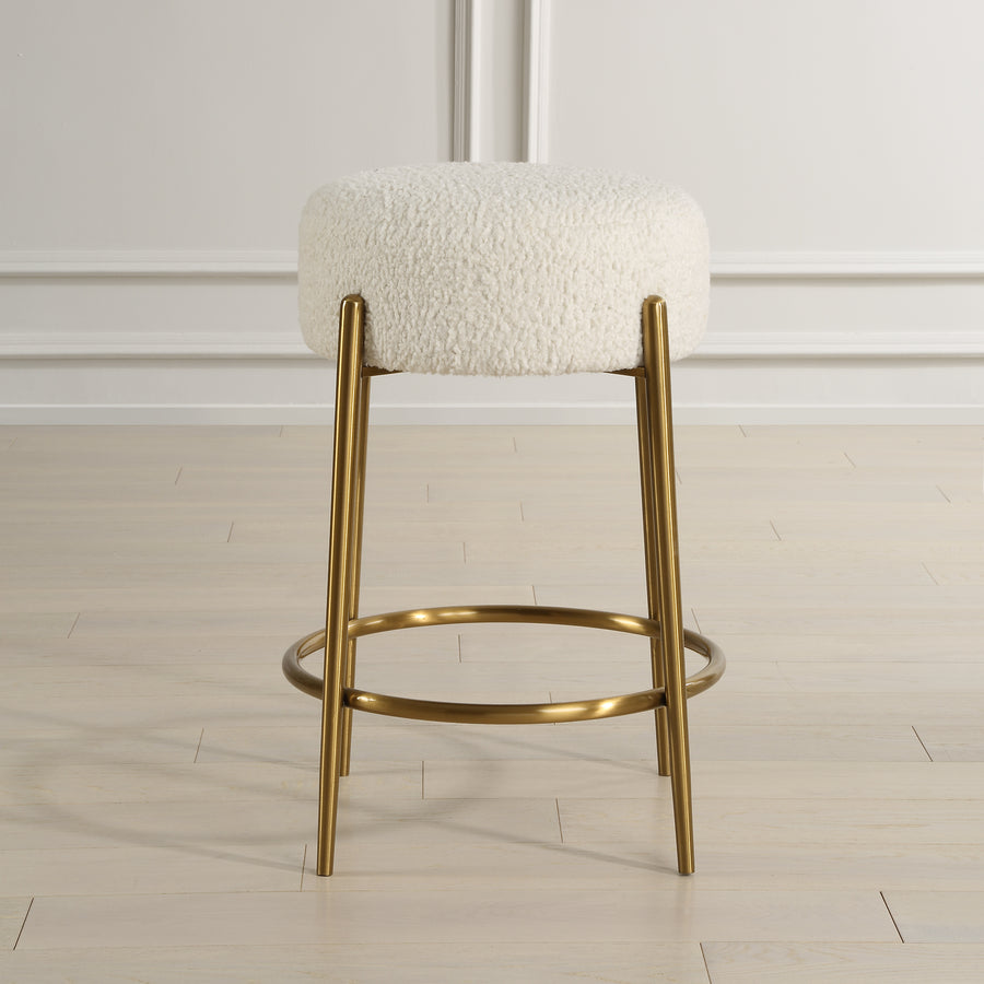 ARLES SHEARLING & BRASS COUNTER STOOL