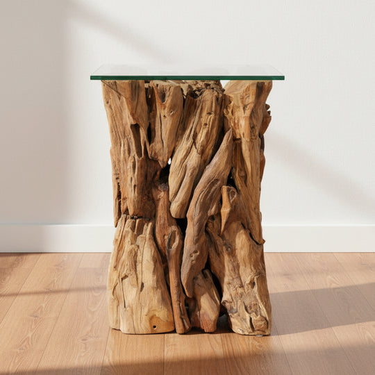 driftwood side table, glass top, rustic natural wood