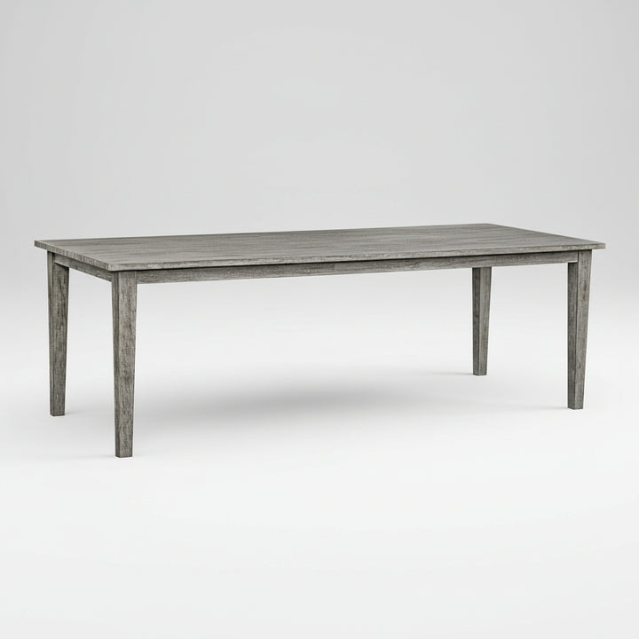 Wooden dining table with a grayish-brown finish on a white background