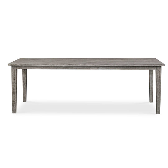 Wooden dining table with a grayish-brown finish on a white background