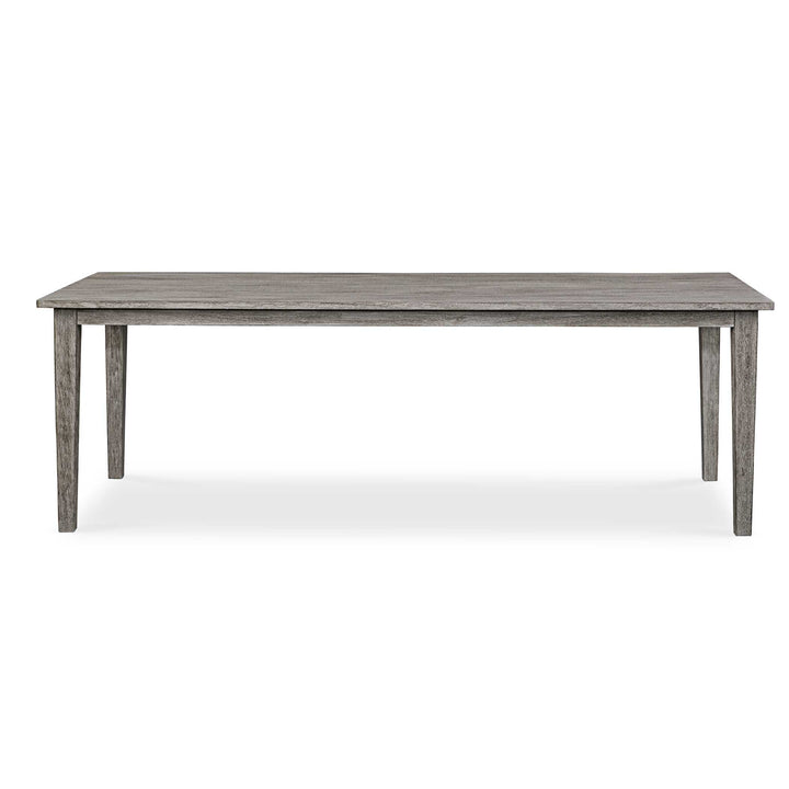 Wooden dining table with a grayish-brown finish on a white background
