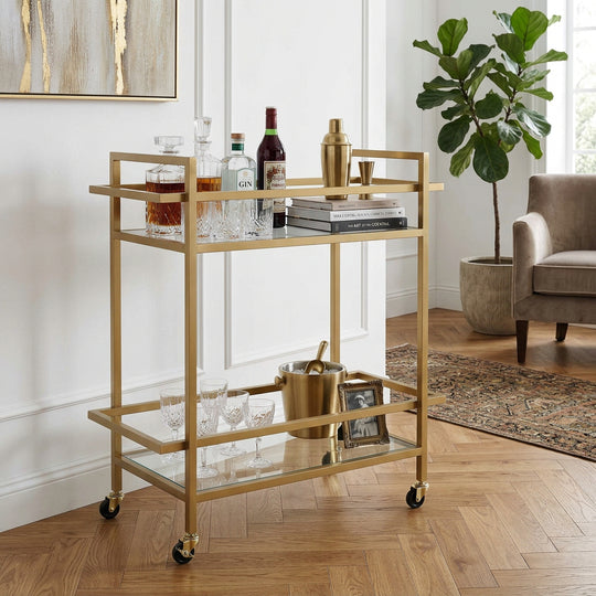 brushed gold serving cart with glass shelves