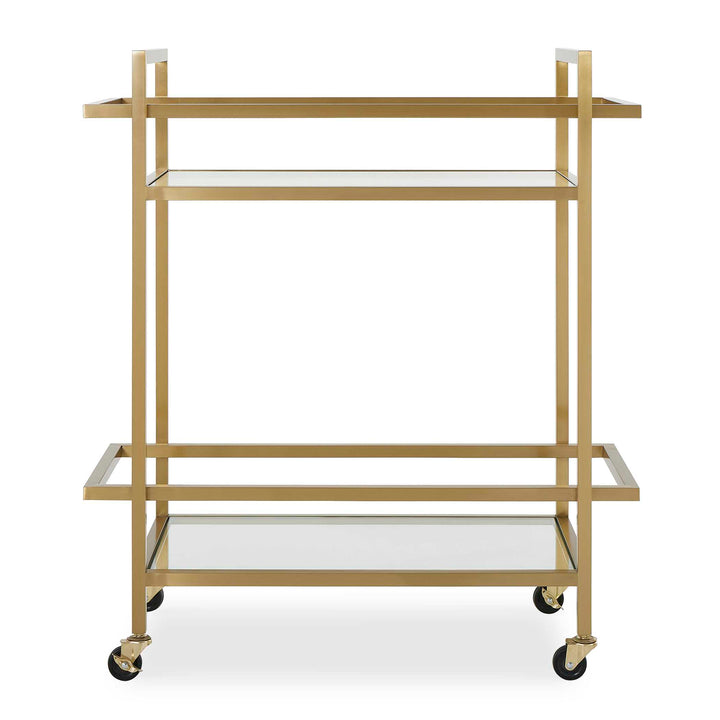 brushed gold serving cart with glass shelves
