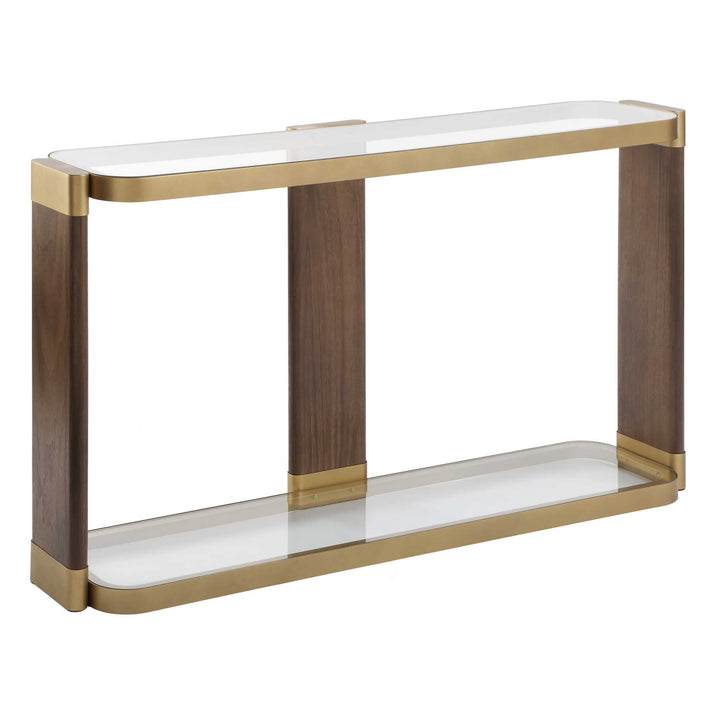 Console table with wooden and gold accents on a white background