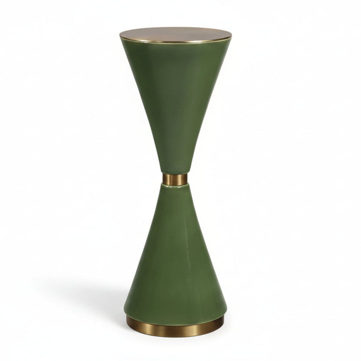 Green and gold ceramic side table on a white background