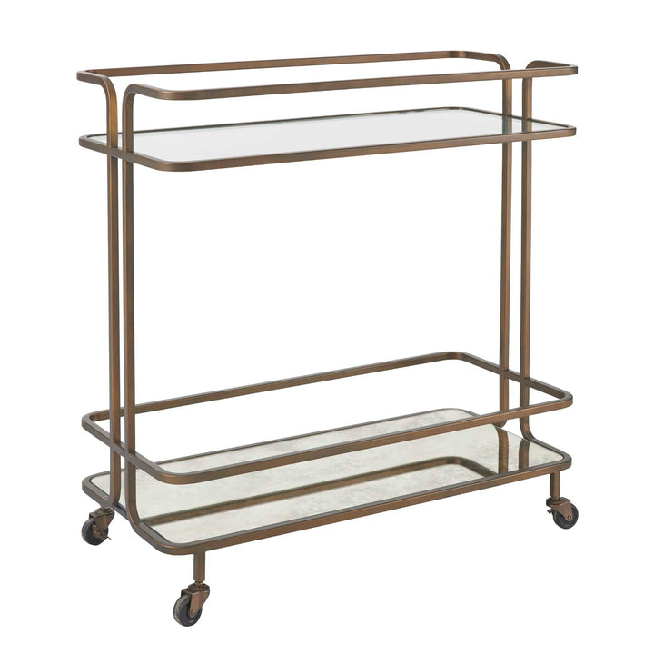 Two-tiered bronze metal bar cart with clear glass top shelf and antique mirrored bottom shelf
