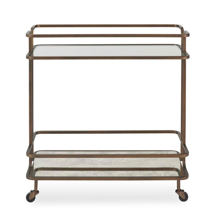 Two-tiered bronze metal bar cart with clear glass top shelf and antique mirrored bottom shelf
