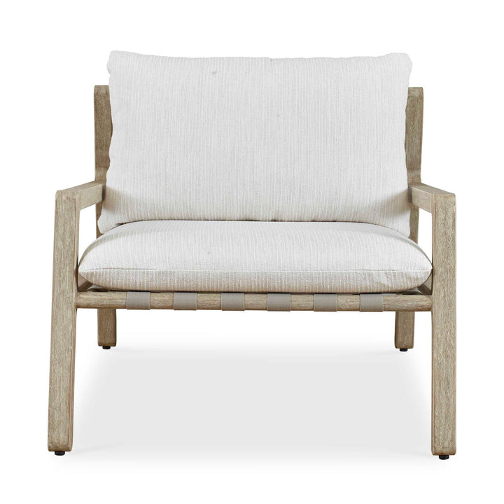 Chair with white cushion and wooden frame on a white background