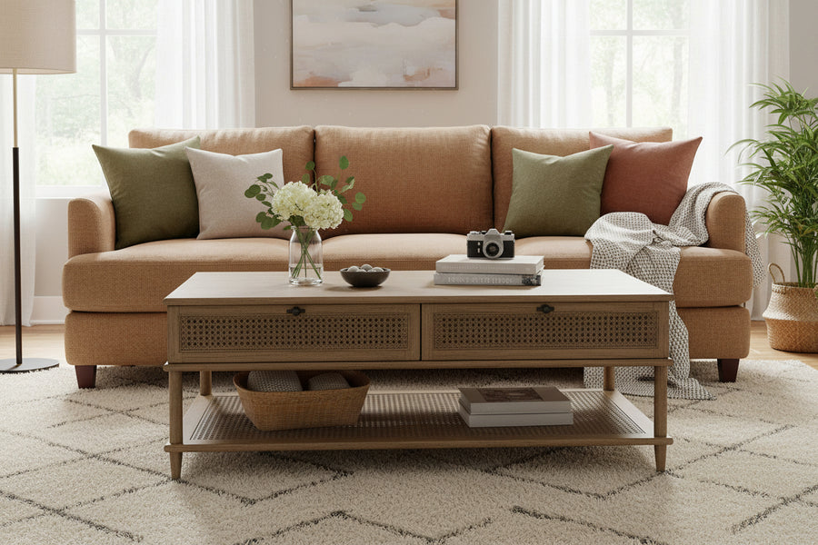 wooden coffee table, two cane drawers, black metal handles, open lower shelf, light brown finish, rectangular shape, tapered legs, rustic modern design, minimalist aesthetic, clean lines