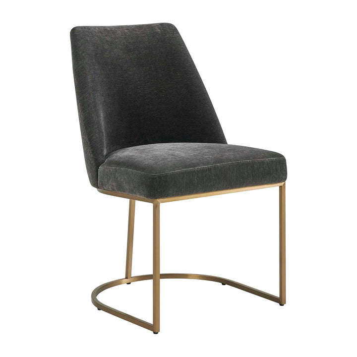 Gray velvet upholstered chair with gold metal legs