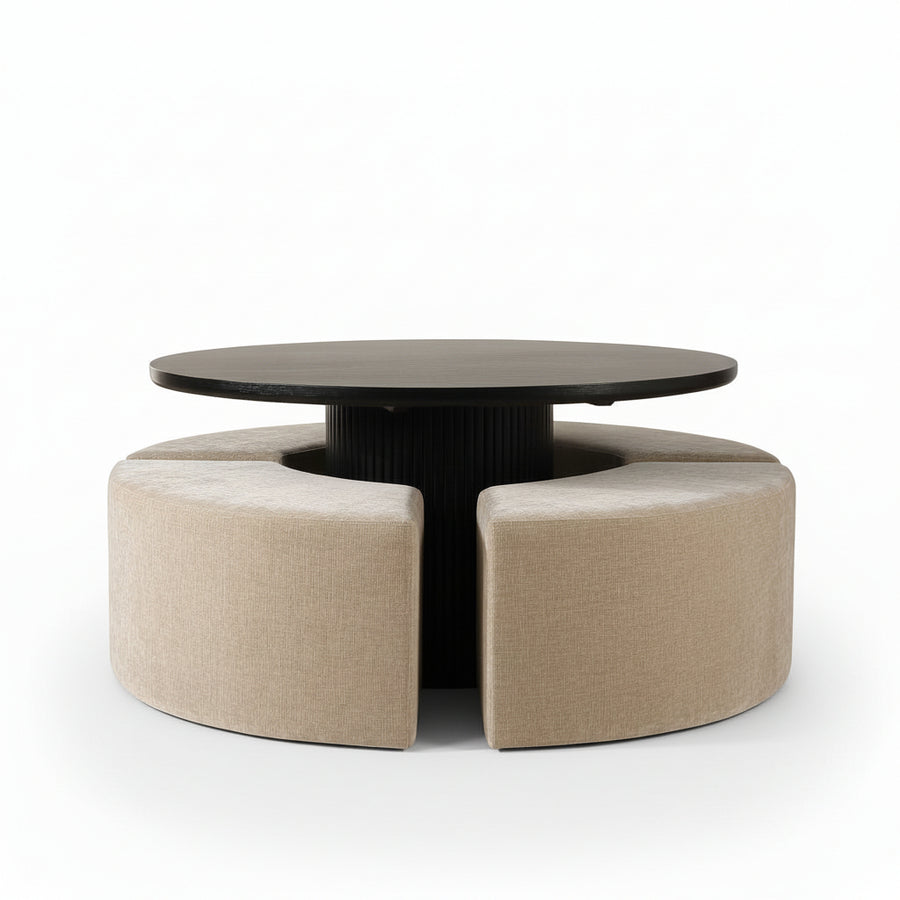 Round dining table with four cushioned stools