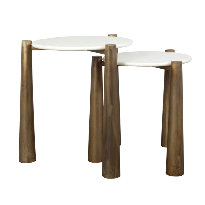 Set of two nesting tables with white tops and bronze cylindrical legs on a white background