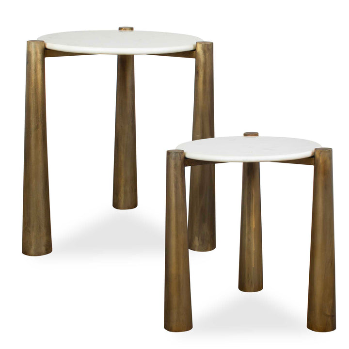 Set of two nesting tables with white tops and bronze cylindrical legs on a white background