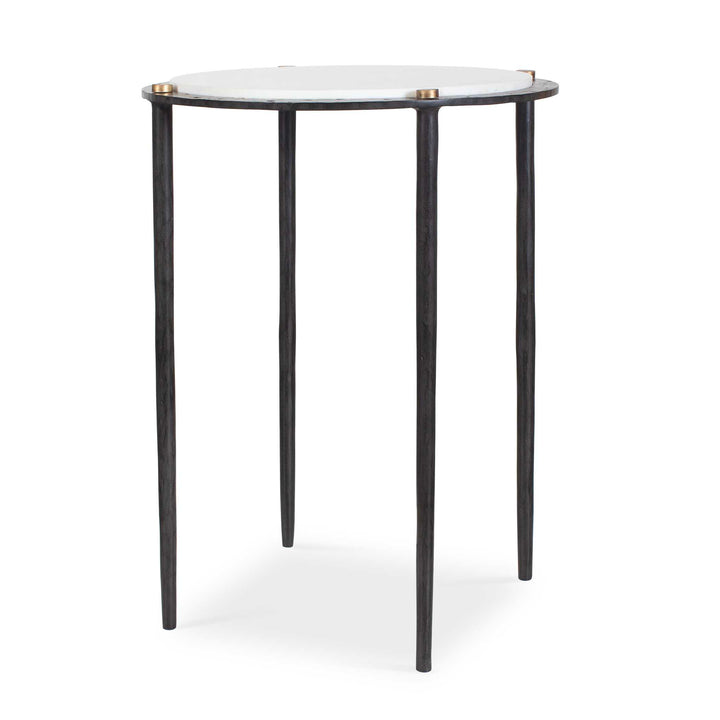 Small round table with a white marble top and dark bronze metal legs on a white background