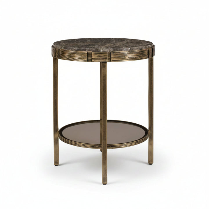 round side table with dark brown marble-patterned top, bronze metal frame, matching lower glass shelf, and four slender legs on a white background