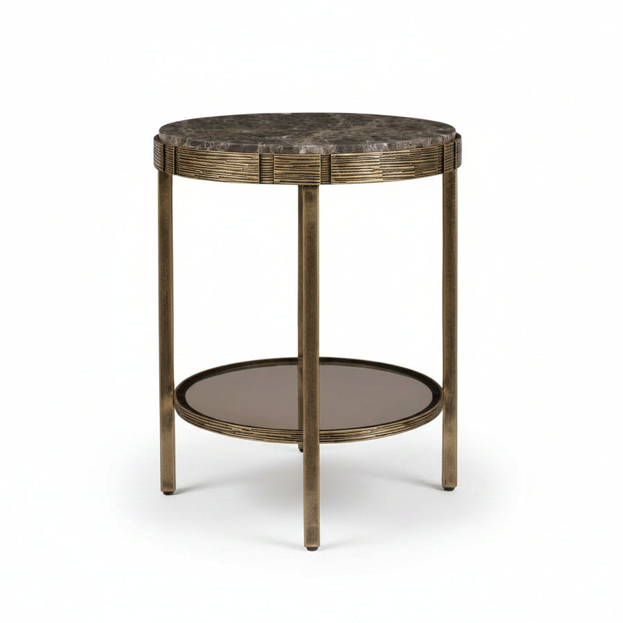 round side table with dark brown marble-patterned top, bronze metal frame, matching lower glass shelf, and four slender legs on a white background