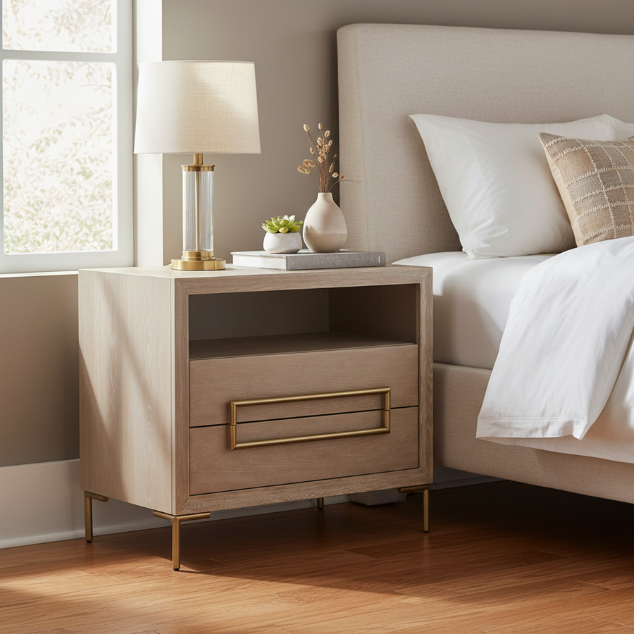 Beige nightstand with gold accents next to a bed in a bedroom.