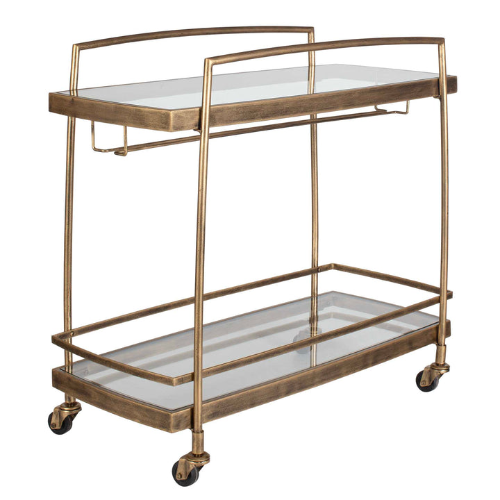 antique gold bar cart with glass shelves