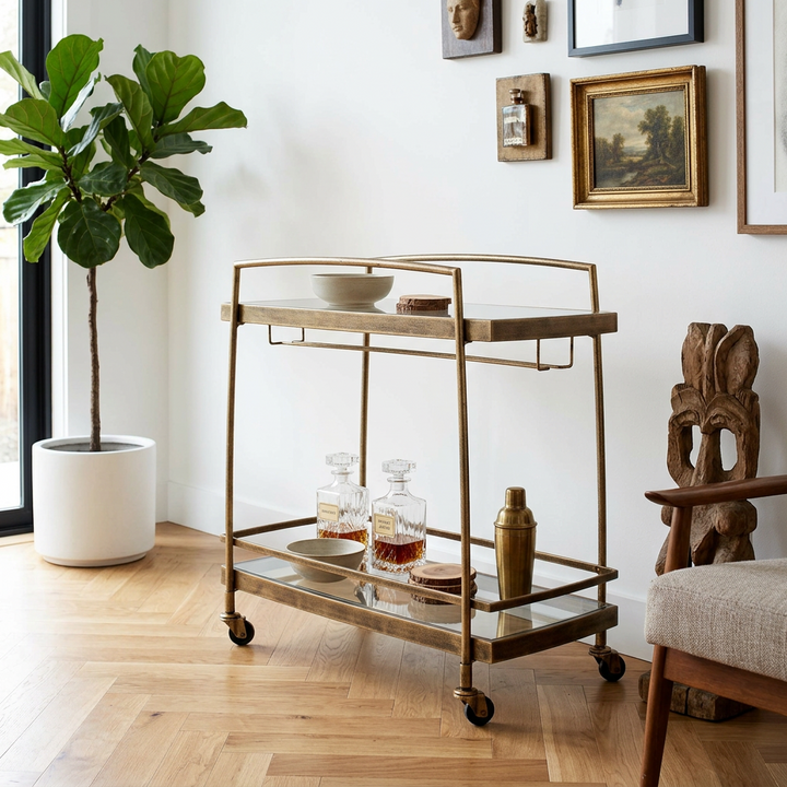SCARLETT ANTIQUE BRASS BAR CART