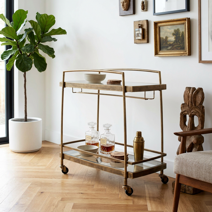 SCARLETT ANTIQUE BRASS BAR CART