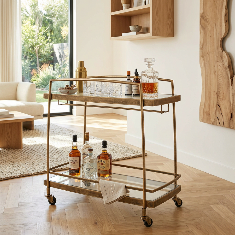 SCARLETT ANTIQUE BRASS BAR CART