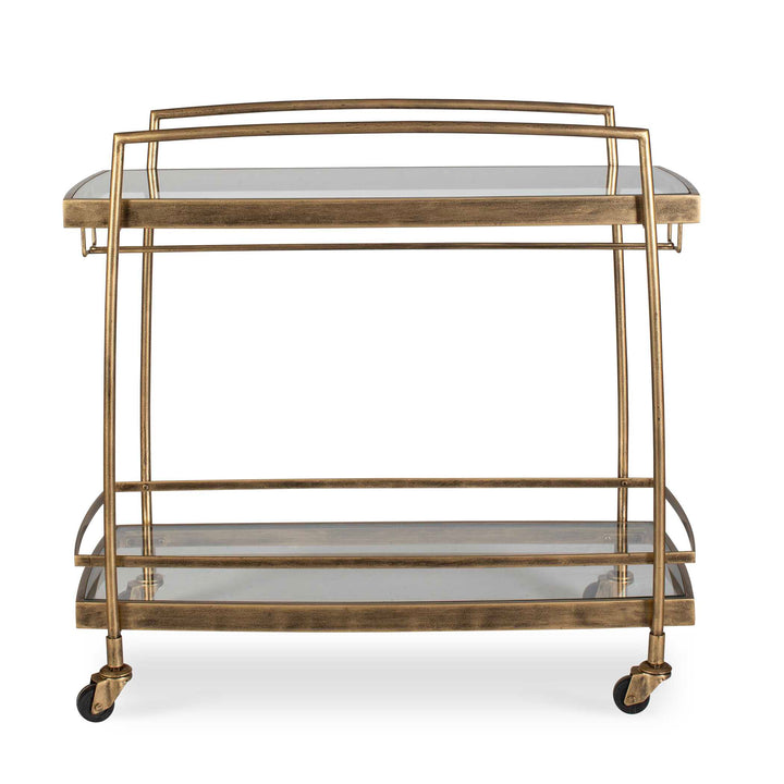 antique gold bar cart with glass shelves