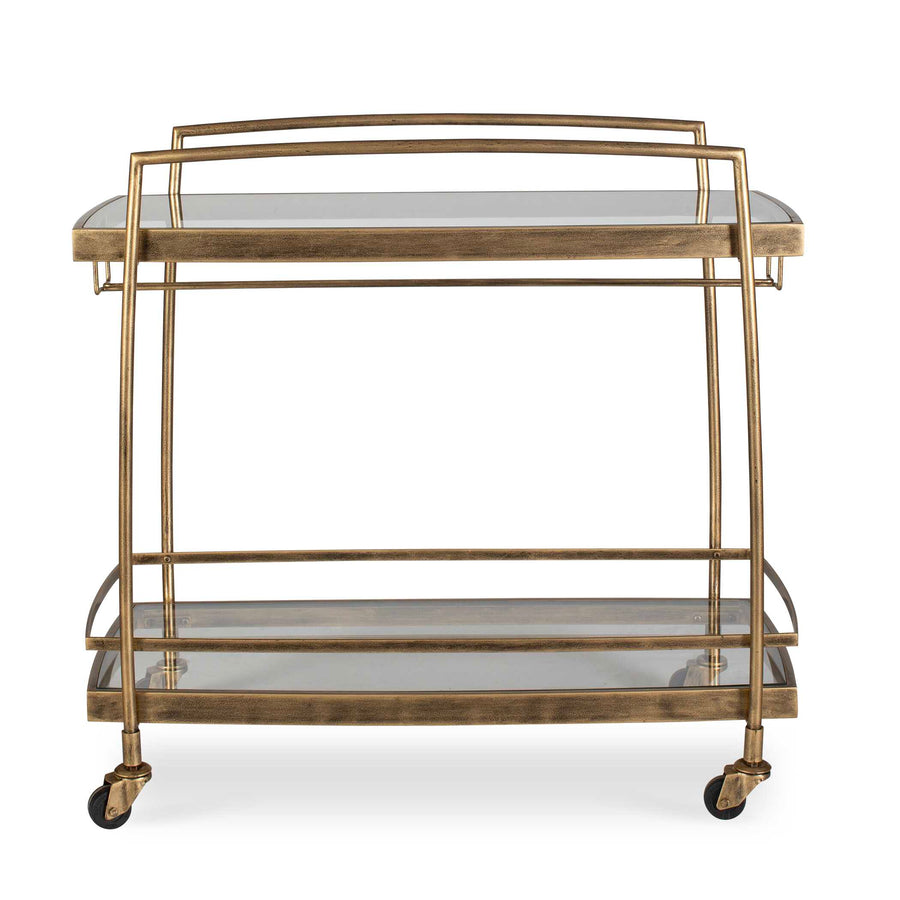 antique gold bar cart with glass shelves