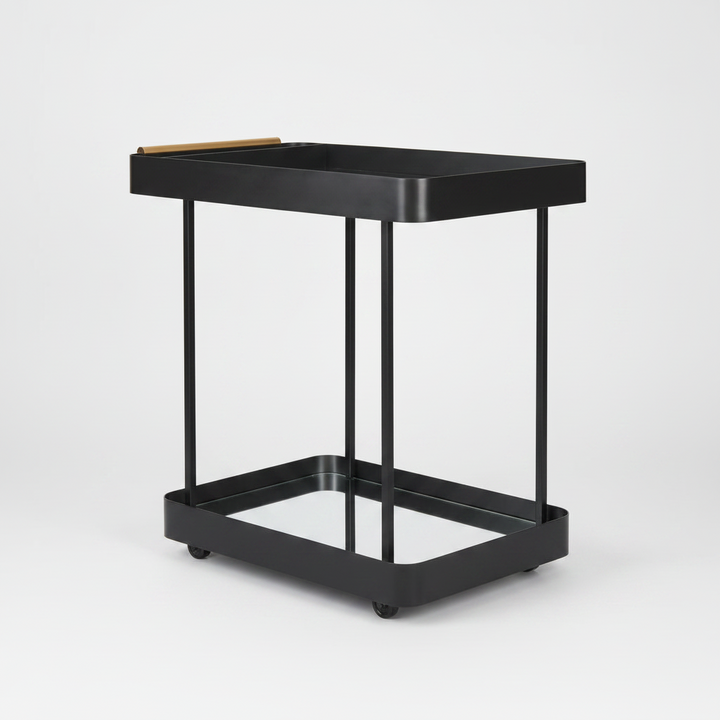 A modern black metal rolling side table with a rectangular tray top, open lower shelf, and caster wheels, photographed on a clean light gray studio background.