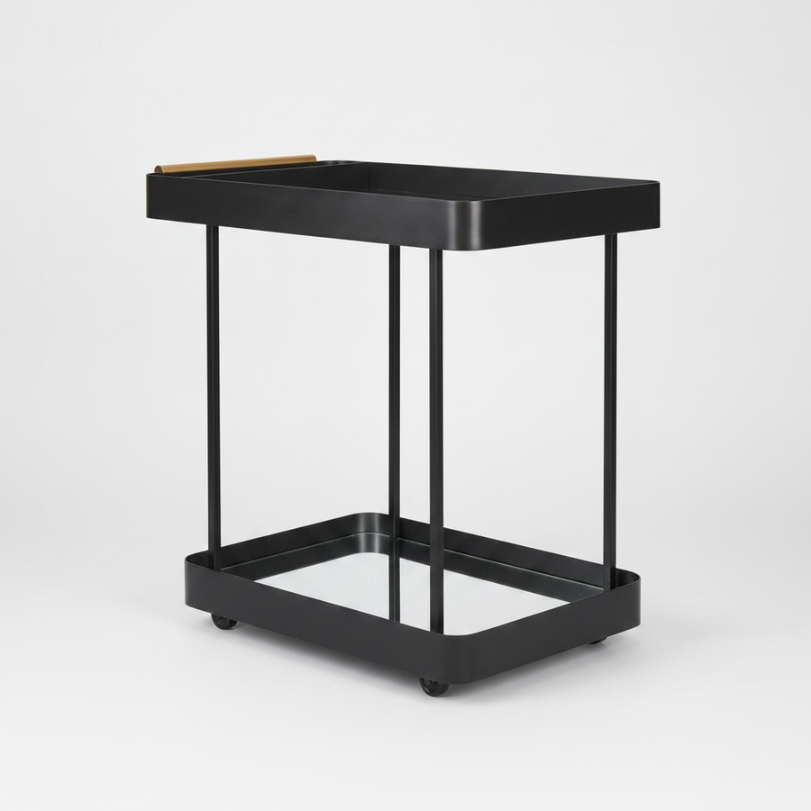 A modern black metal rolling side table with a rectangular tray top, open lower shelf, and caster wheels, photographed on a clean light gray studio background.