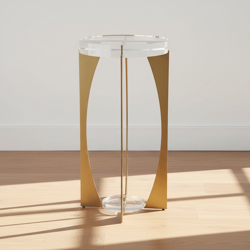 Gold and clear glass side table on a wooden floor with a white wall background
