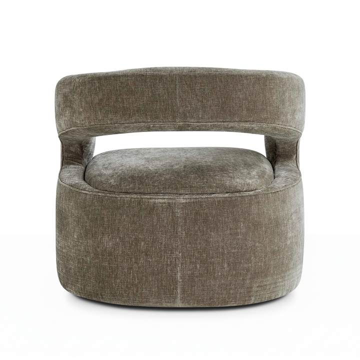BREIS VINTAGE TAUPE VELVET SWIVEL BARREL CHAIR