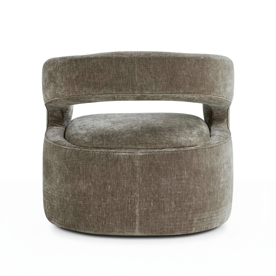 BREIS VINTAGE TAUPE VELVET SWIVEL BARREL CHAIR