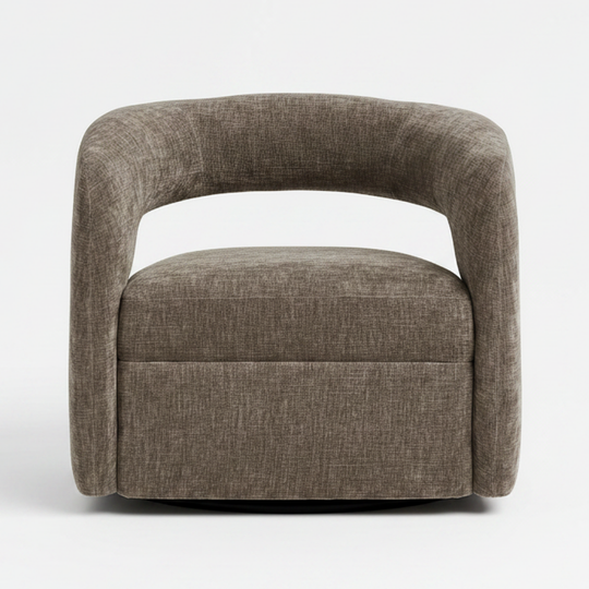 Brown upholstered swivel chair on a white background