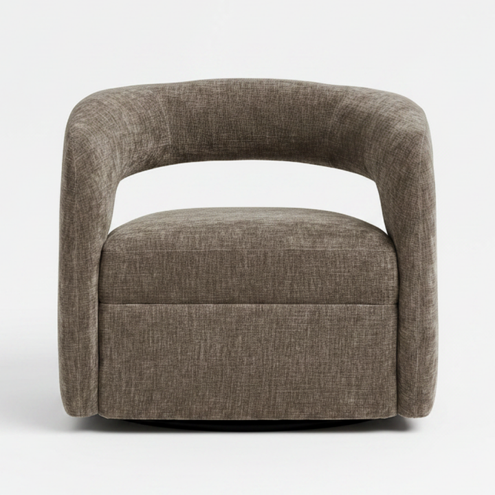 Brown upholstered swivel chair on a white background