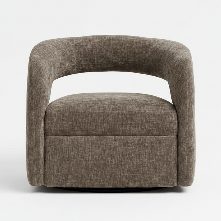 Brown upholstered swivel chair on a white background