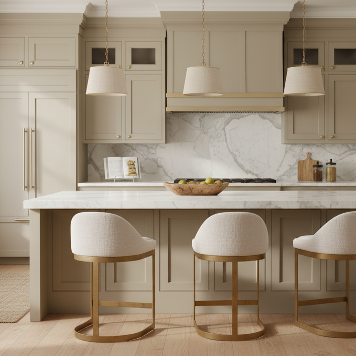 Bar stool with white cushioned seat and gold metal frame on a white background