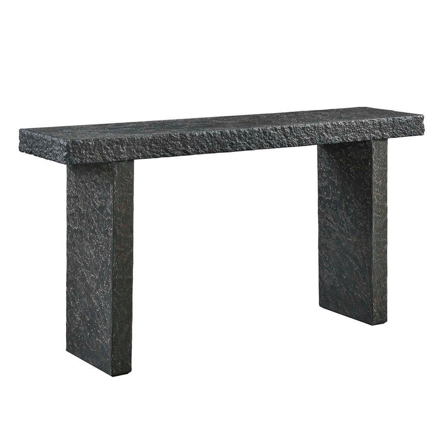 console table made of textured stone on a white background