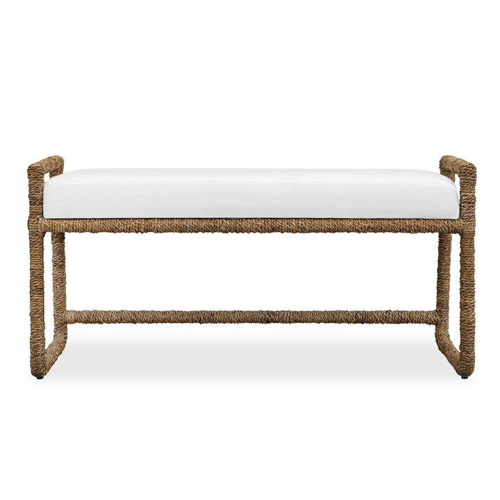 Bench with white cushion and natural woven frame on a white background