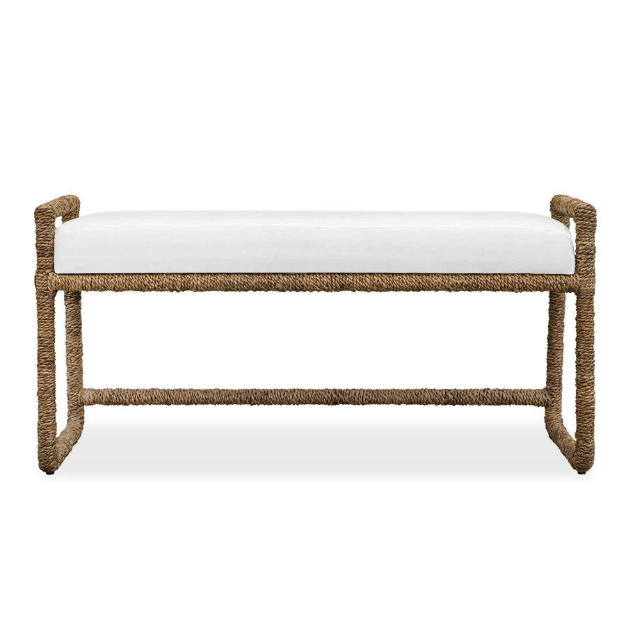 Bench with white cushion and natural woven frame on a white background