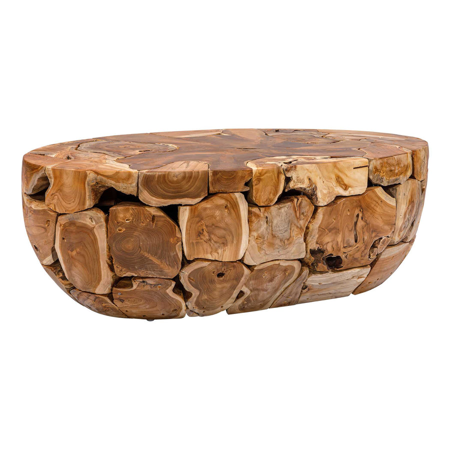 Wooden coffee table with a natural, rustic design on a white background