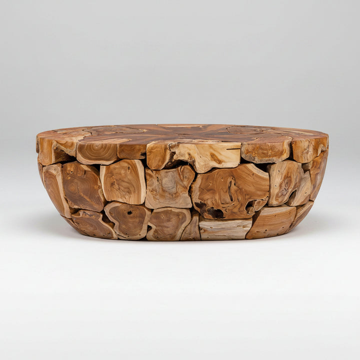 Wooden coffee table with a natural, rustic design on a white background