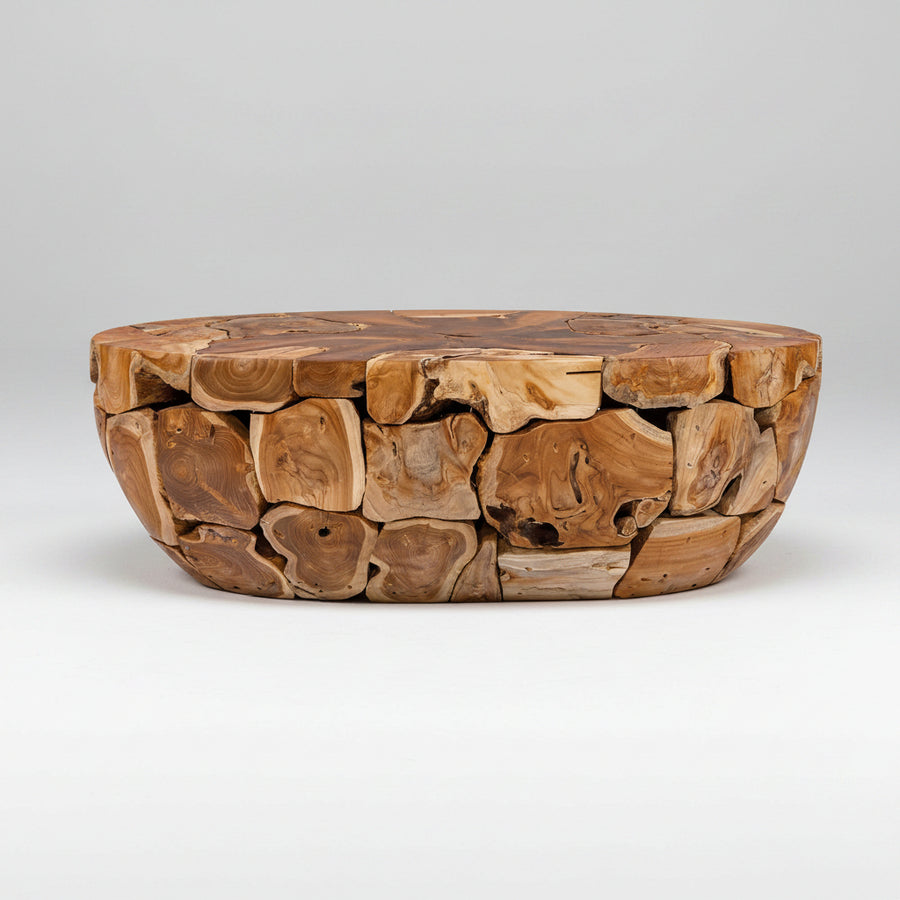 Wooden coffee table with a natural, rustic design on a white background