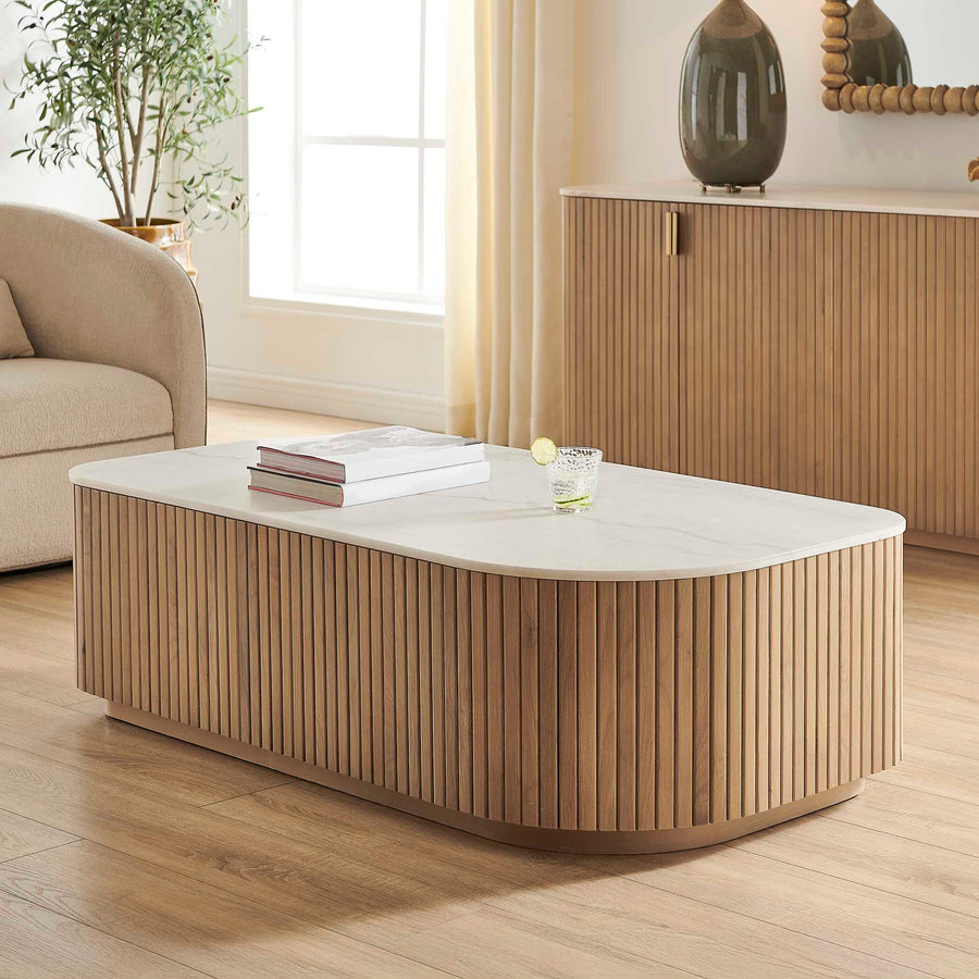 Modern coffee table with a white top and wooden sides