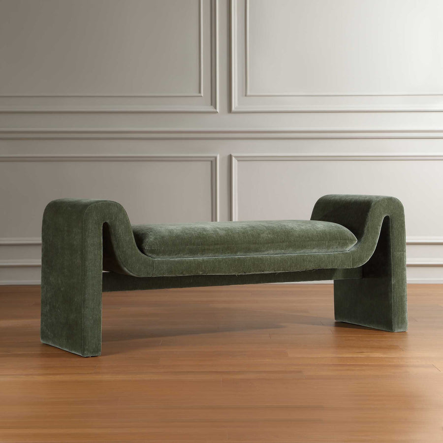 MANSON DISTRESSED MOSS VELVET UPHOLSTERED BENCH