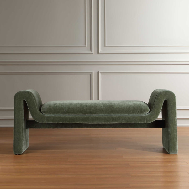 MANSON DISTRESSED MOSS VELVET UPHOLSTERED BENCH