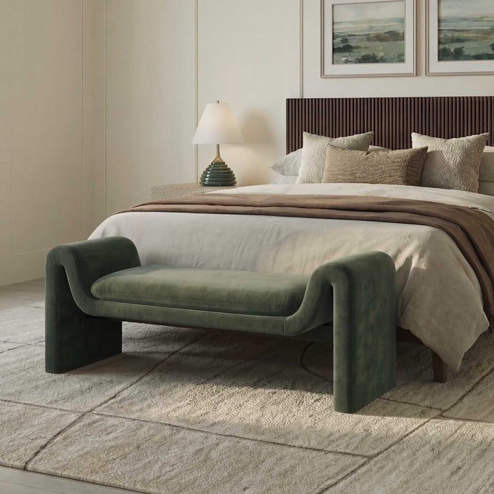 MANSON DISTRESSED MOSS VELVET UPHOLSTERED BENCH