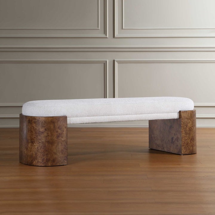 Modern bench with cream cushion and wooden base