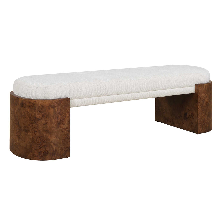 Bench with cream cushion and brown wooden legs