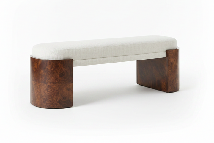 THORIAN UPHOLTERED BURL WOOD BENCH