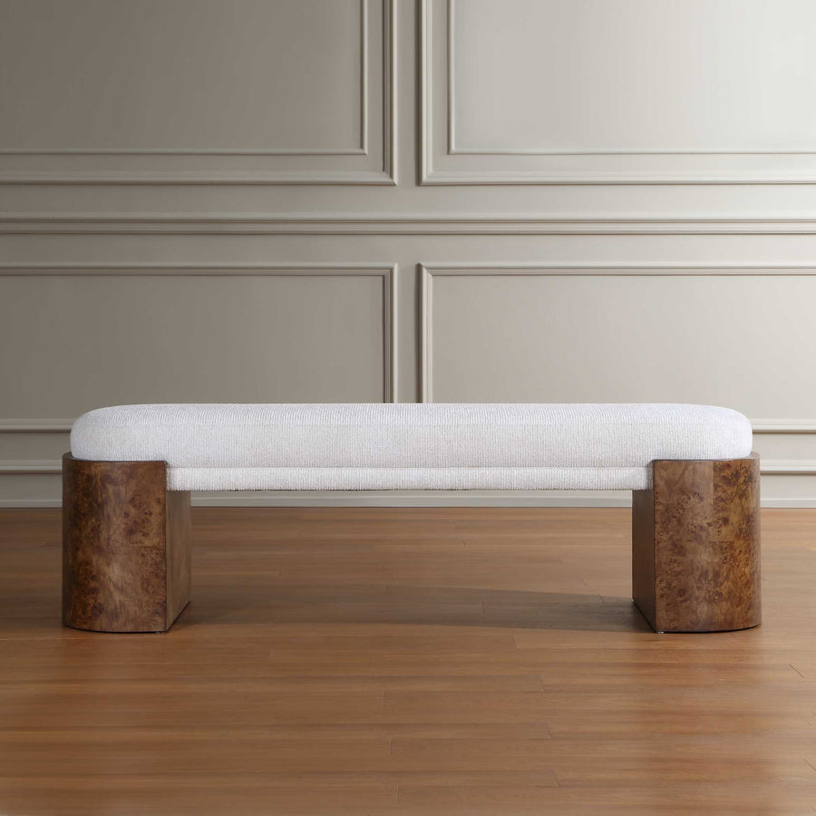 THORIAN UPHOLTERED BURL WOOD BENCH